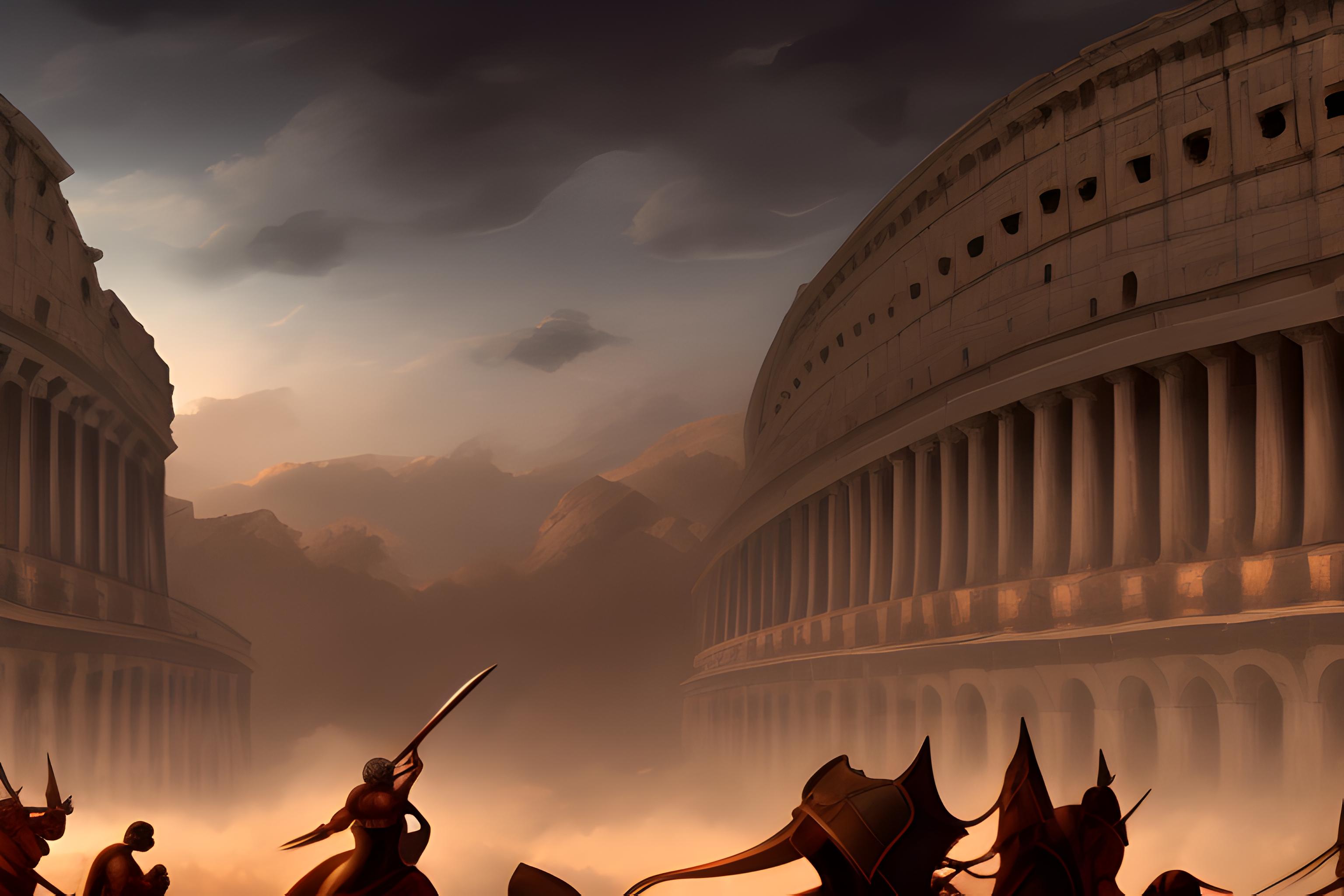 crea un fondo de pantalla sobre dos gladiadores luchando en el coliseo romano